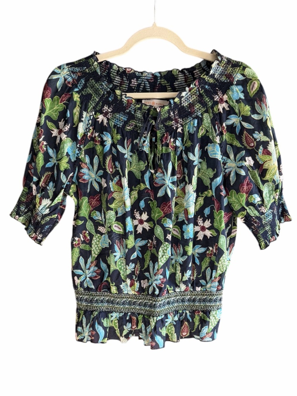 TORY BURCH Floral Smocked Peasant Blouse Top Cotton Peplum Blue Green 8